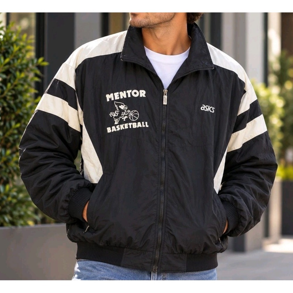Vintage ASICS Mentor Basketball Windbreaker Jacket Black White Nylon XL